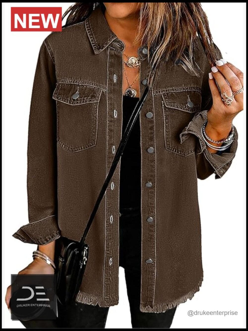 Oversized Distressed Denim Jacket Long Sleeve Button Down Shacket